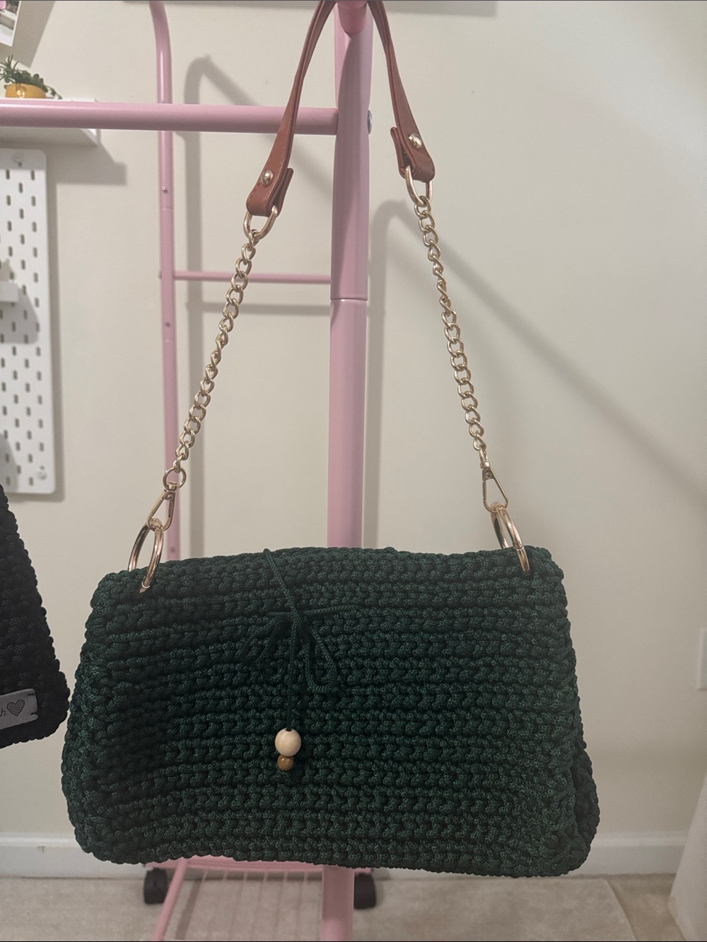 Dark Green Crochet Shoulder Bag with Gold Chain Strap
